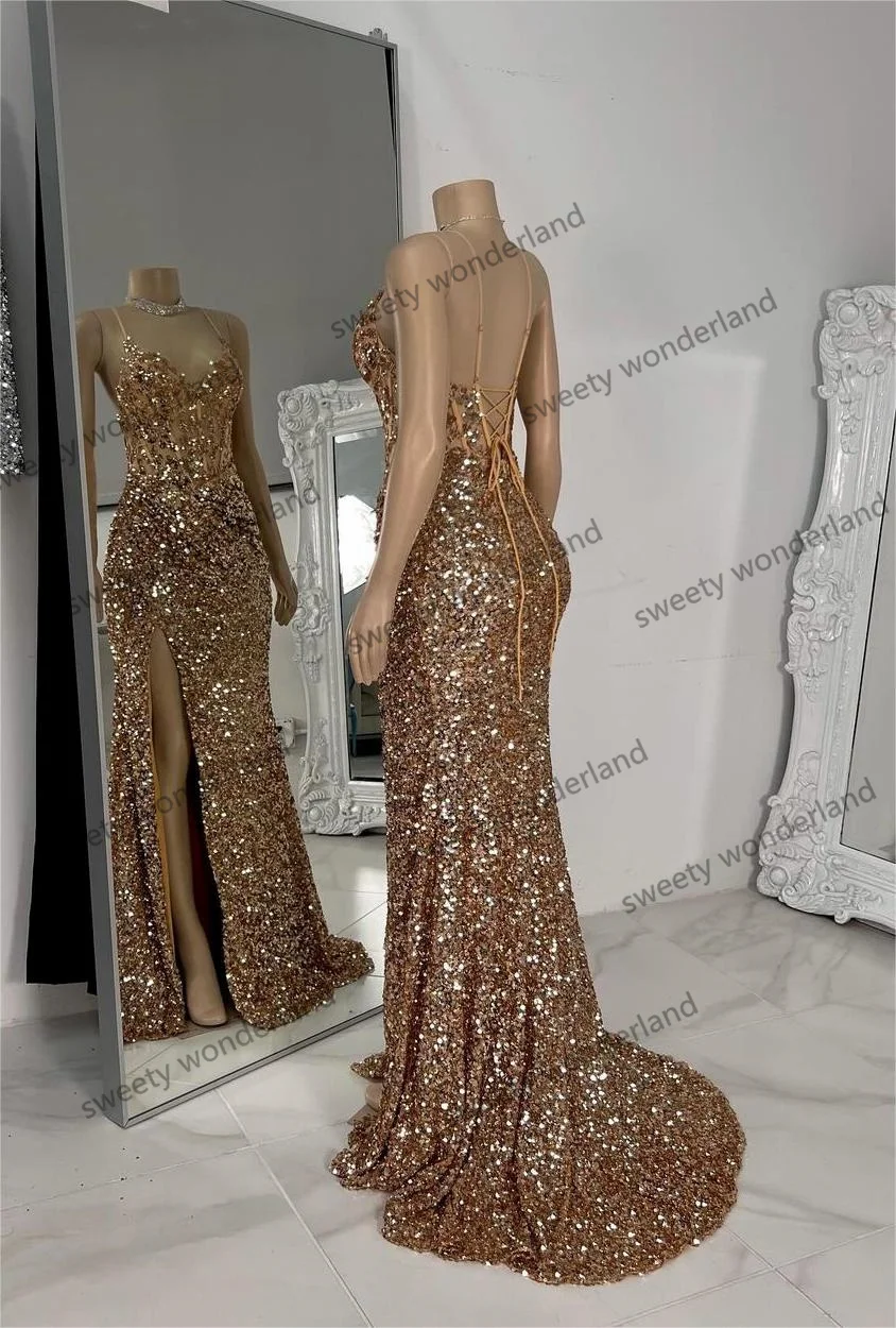 فساتين سهرة مطرزة باللون الذهبي مع شق حورية البحر vestidos de noche أشرطة سباغيتي فستان حفلة موسيقية مخصص لحفلات الزفاف