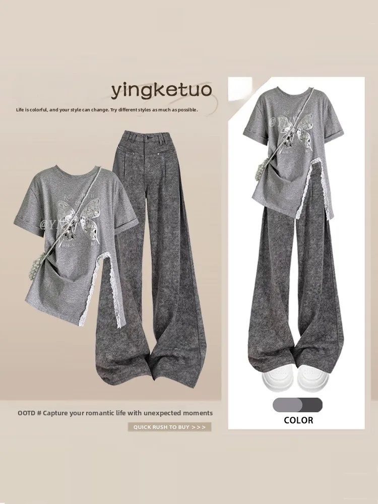 

Summer Slimming Casual Print Lace Splice Short Sleeve T-Shirt Straight Leg Pants Two Piece Set Women's Fashion Ense...