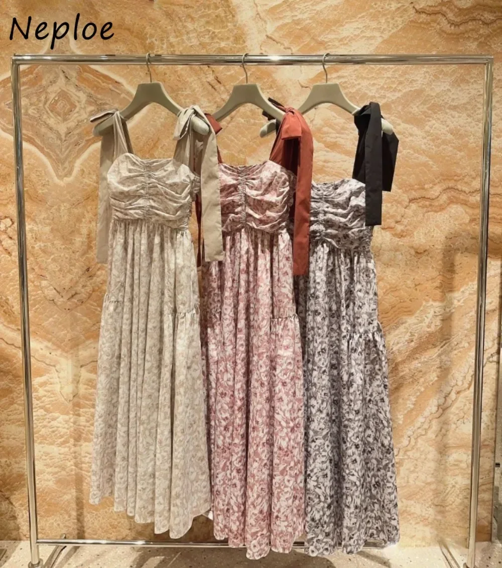 

Neploe Elegant Slash Neck Off Shoulder Print Dress Lace Up Sweet Bow Sling Tube Robe Japan Drawstring Ruched New Moda Vestidos