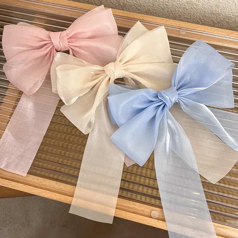 New Women Girls Sweet Blue Shining Satin Bowknot Hair Clip Big Ribbon Bow Barrette Solid Color Scarf Hairpin Grip Ponytail Clip