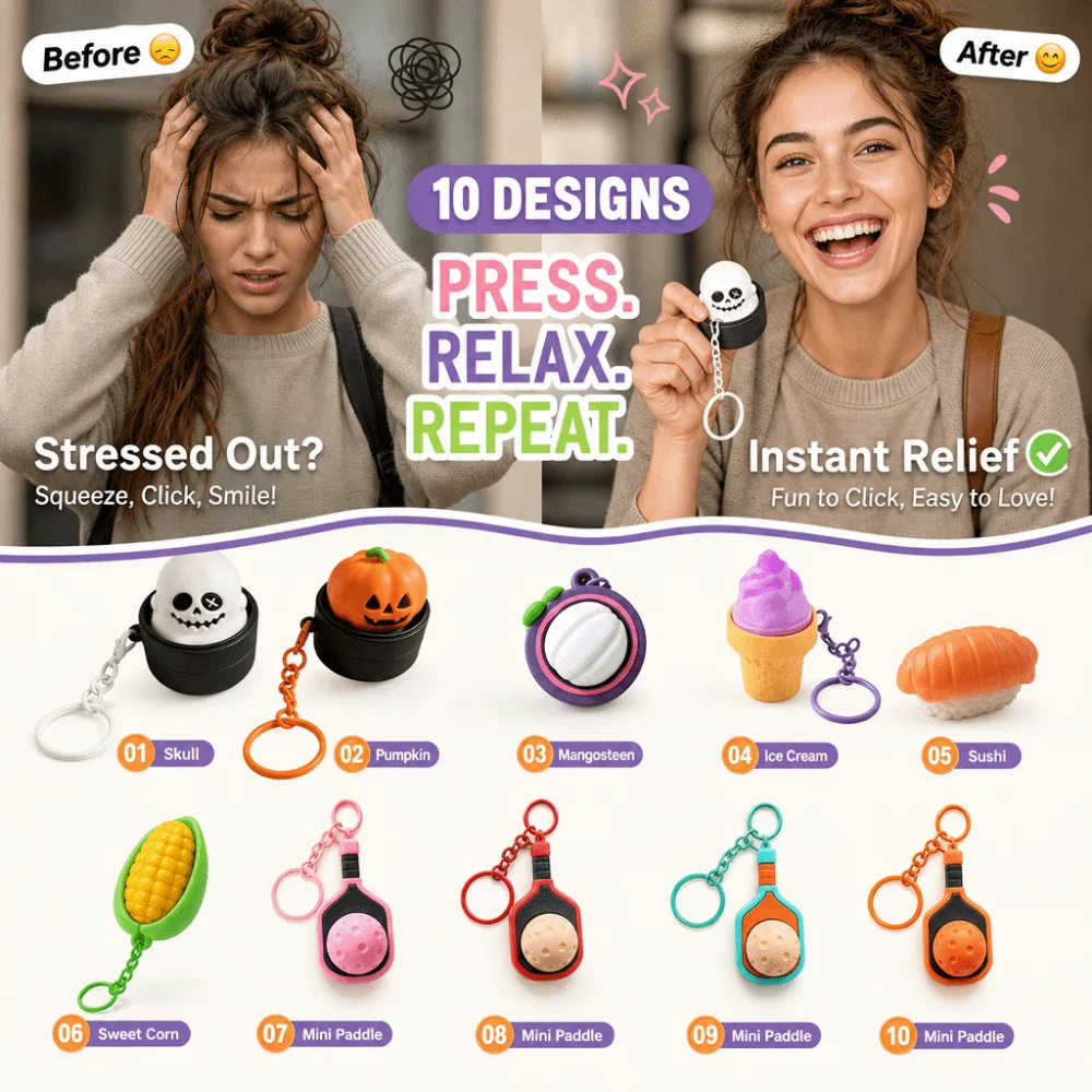 Cartoon Calming Keychain Keys Finger Button Pumpkin Ghost Anti-stress Toy Pendant Bag Charms 3D Printed Foods Clicker Key Chain