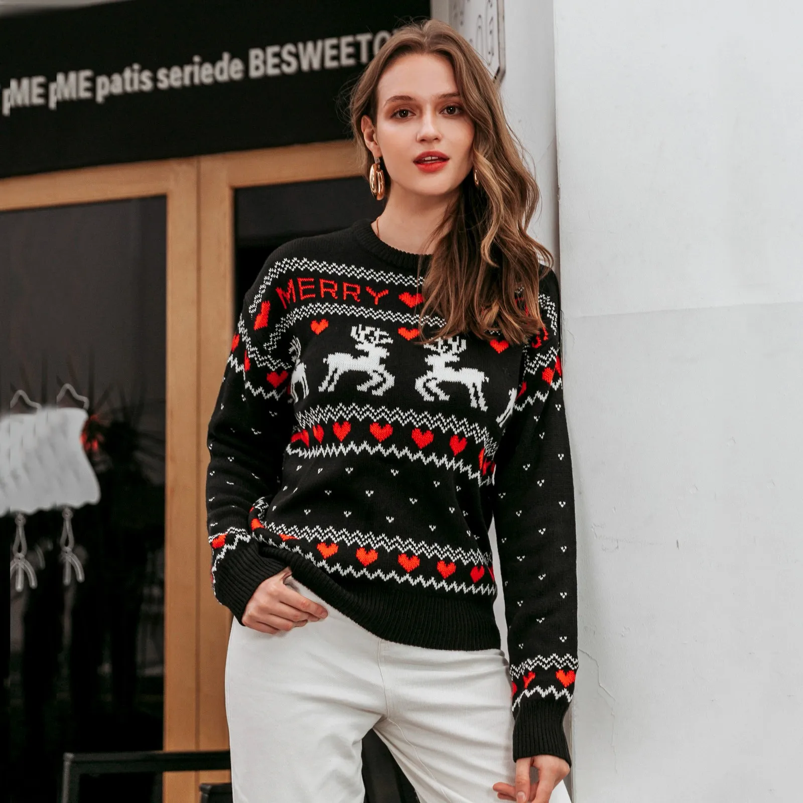 Sweater Oversize Women\'s Christmas Long Sleeve Heart Elk Christmas Pattern Knit Slim Pullover Women Winter Warm Pullovers топ