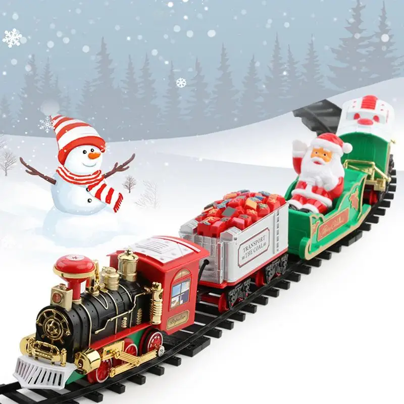 Electric Christmas Train Toy with Sound & Light Santa Claus Xmas Tree Cargo Car Track Easy Assemble toy Gift For Kids Boys girls