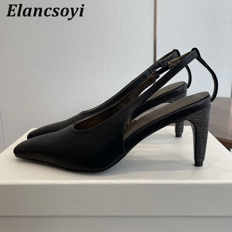 High Heels Sandals Women Genuine Leather Pumps String Bead Square Toe Back Strap Sandalias Summer Fashion Party Banquet Stiletto