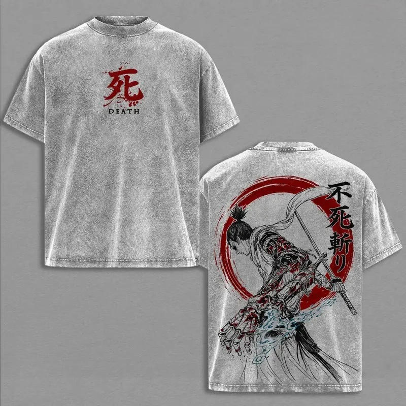 SEKIRO Wolf Printed Tee Men Women Washed Cotton T-shirts Game Vintage Loose T Shirt Harajuku Male Short Sleeve Street Tshirt