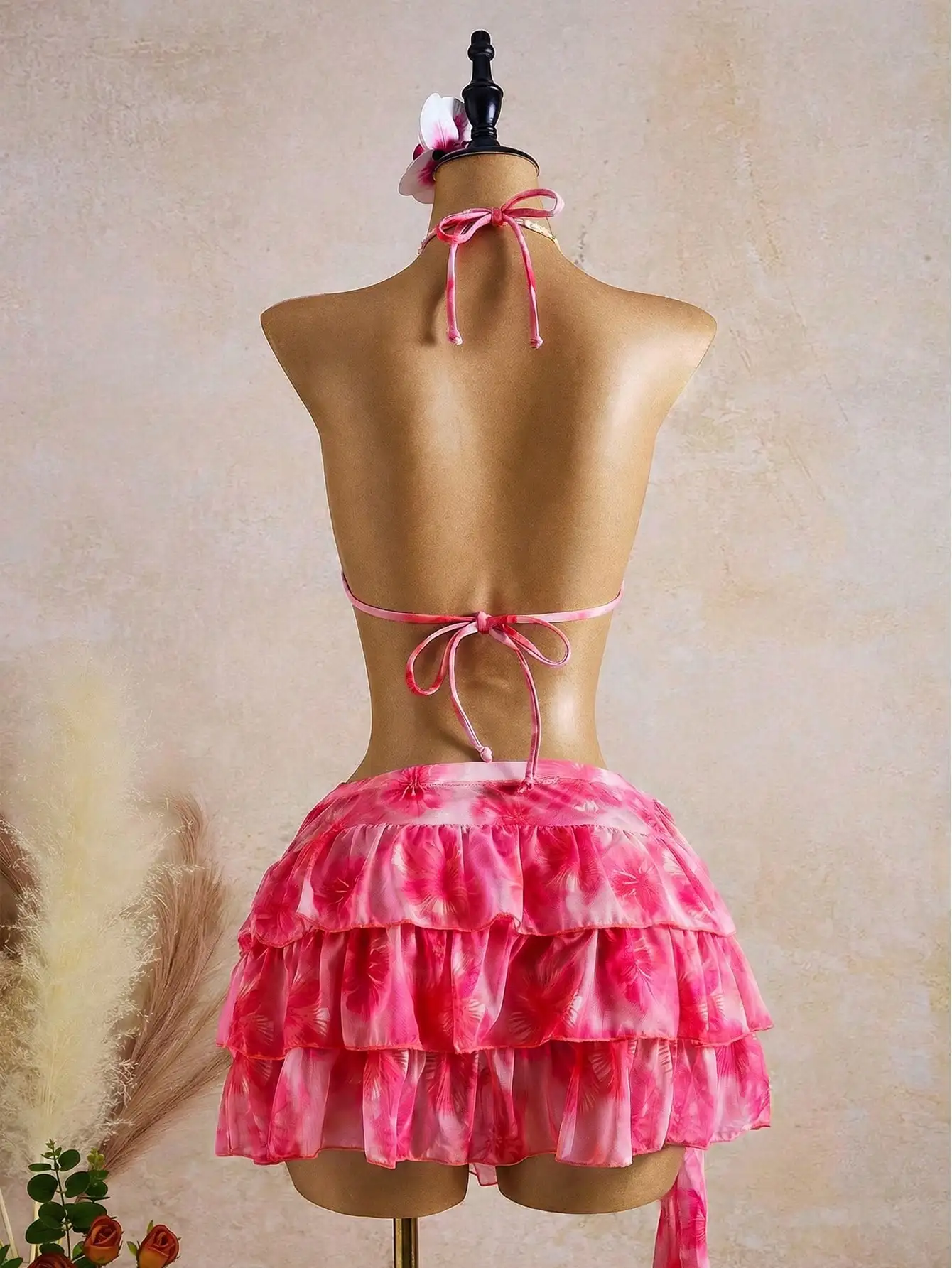 

Pink Floral Tie Dye Ruffled Skirt Bikini Set For Women Beach Party Outfit