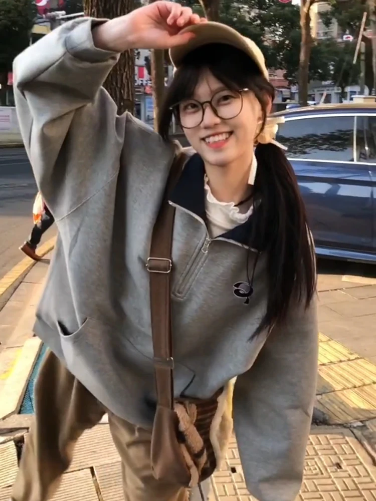 Retro American College Sle Farbe Blo Kragen f Zipper Hoodie frauen Frühling Herbst Neue Paar Keine Kappe High-End-Top