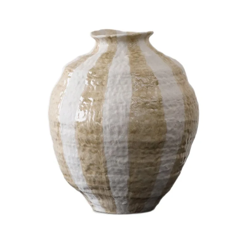 

New Chinese-style retro striped big-bellied ceramic vase flower ware hotel B & B club model room