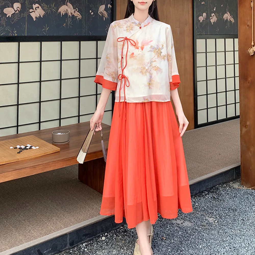 

Летний комплект из двух предметов: миди-платье с принтом и юбка с пуговицами, скрывающая живот, в китайском стиле, для женщин больших размеров...