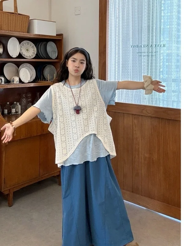 

Sweet Sle Oversized Vest Top And High Waist Wide Leg Pants Women's Summer New Arrival Faion plus Size Matching Set