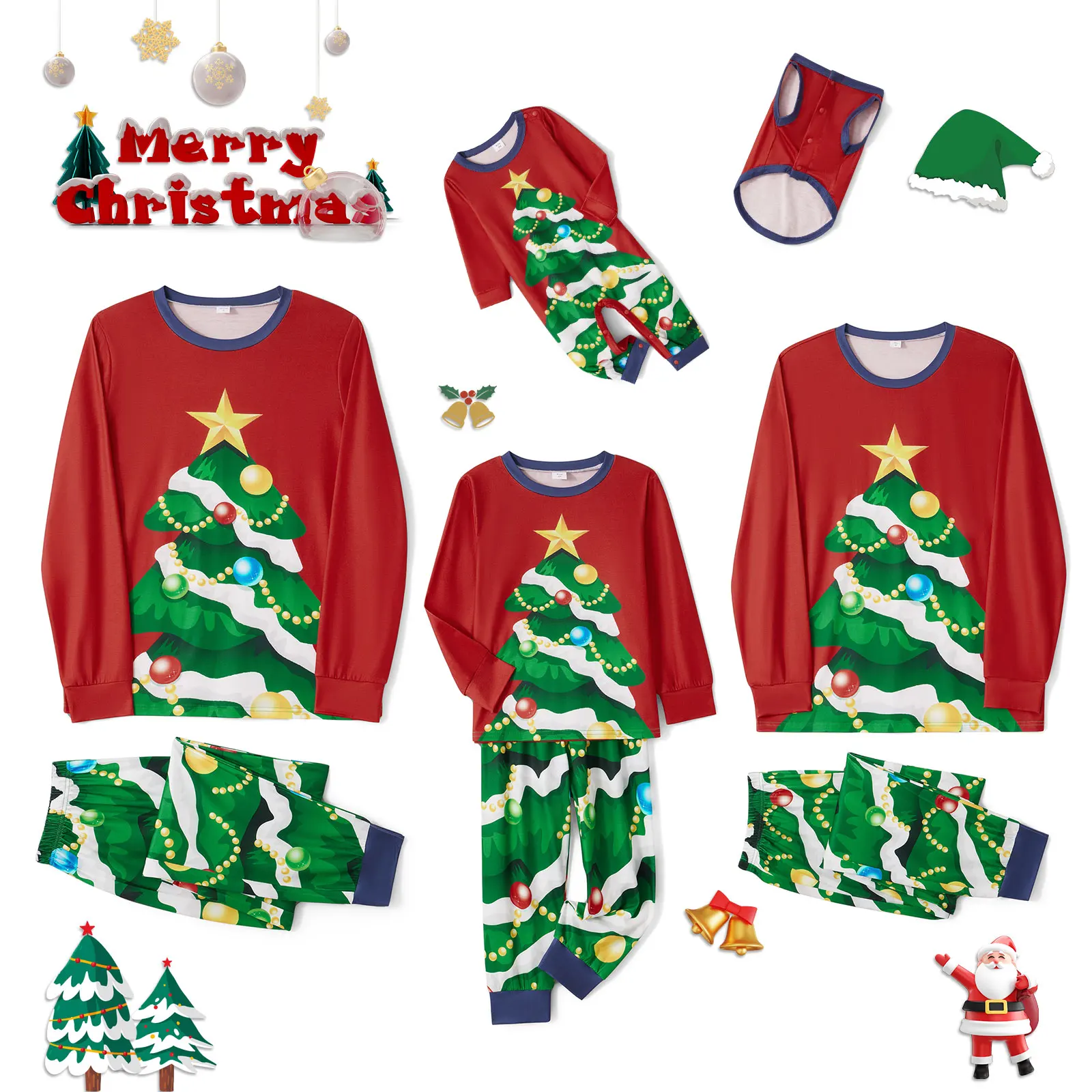 Family Matching Christmas Party Pajamas Romper/Dog Clothes/Christmas Tree Print Tops Pants Sleepwear Set Pyjamas Homewear