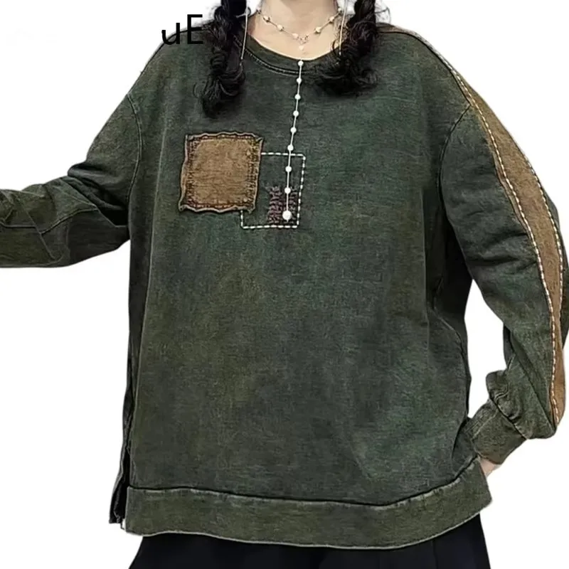 Careaymade-2026 Chinese Winter Womens Fashion Vintage Embroidery T-shirts Loose Casual O Neck Clothes Ladies Classic Cotton Tops