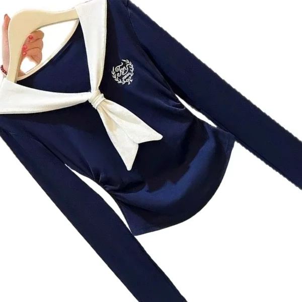 New Women's Autumn And Spring Shawl Collar Waist Cinched Pleated College Style Navy Collar Color-blocked Long Sleeve T-shirt