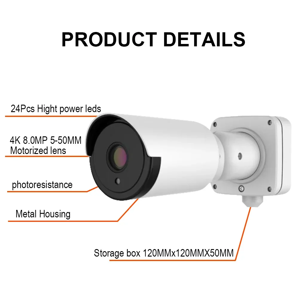 4k Camera 8MP 10X Zoom 5~50mm Lens Super WDR 120DB Bullet Camera AHD TVI CVI CVBS Support UTC Control