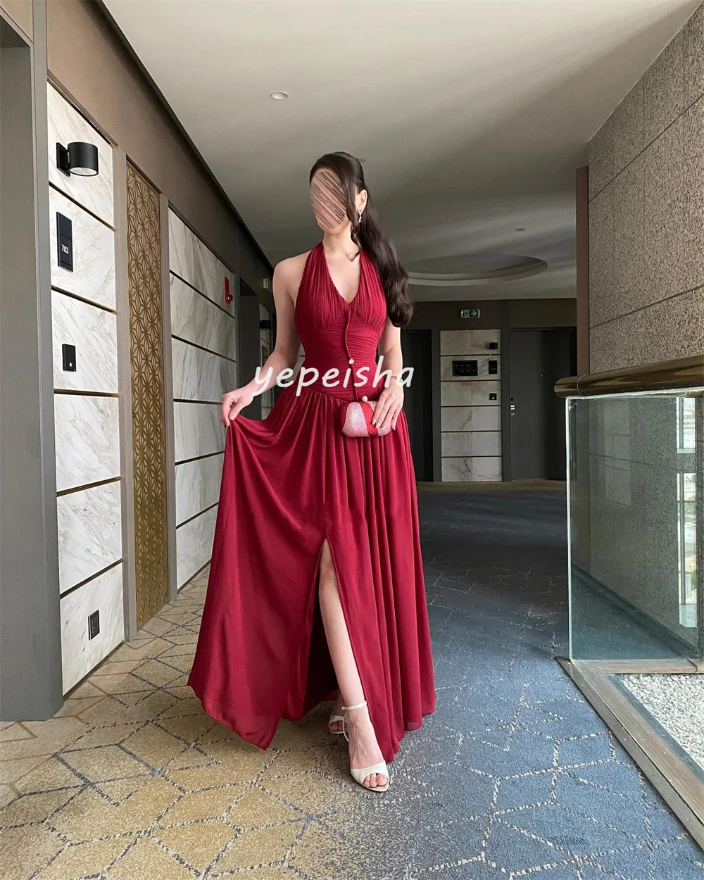 カスタマイズされた中国風シフォンドレーププリーツAラインホルターロングドレスオーダーメイドオケージョンドレスクラシックレトロエレガントマッチング