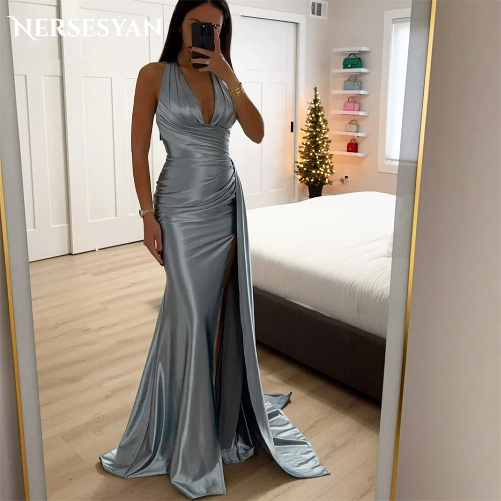 

Nersesyan Sliver Grey Mermaid Luxury Evening Dresses Halter Shiny Pleats Formal Dress Side Slit Sleeveless Prom Gowns Customized