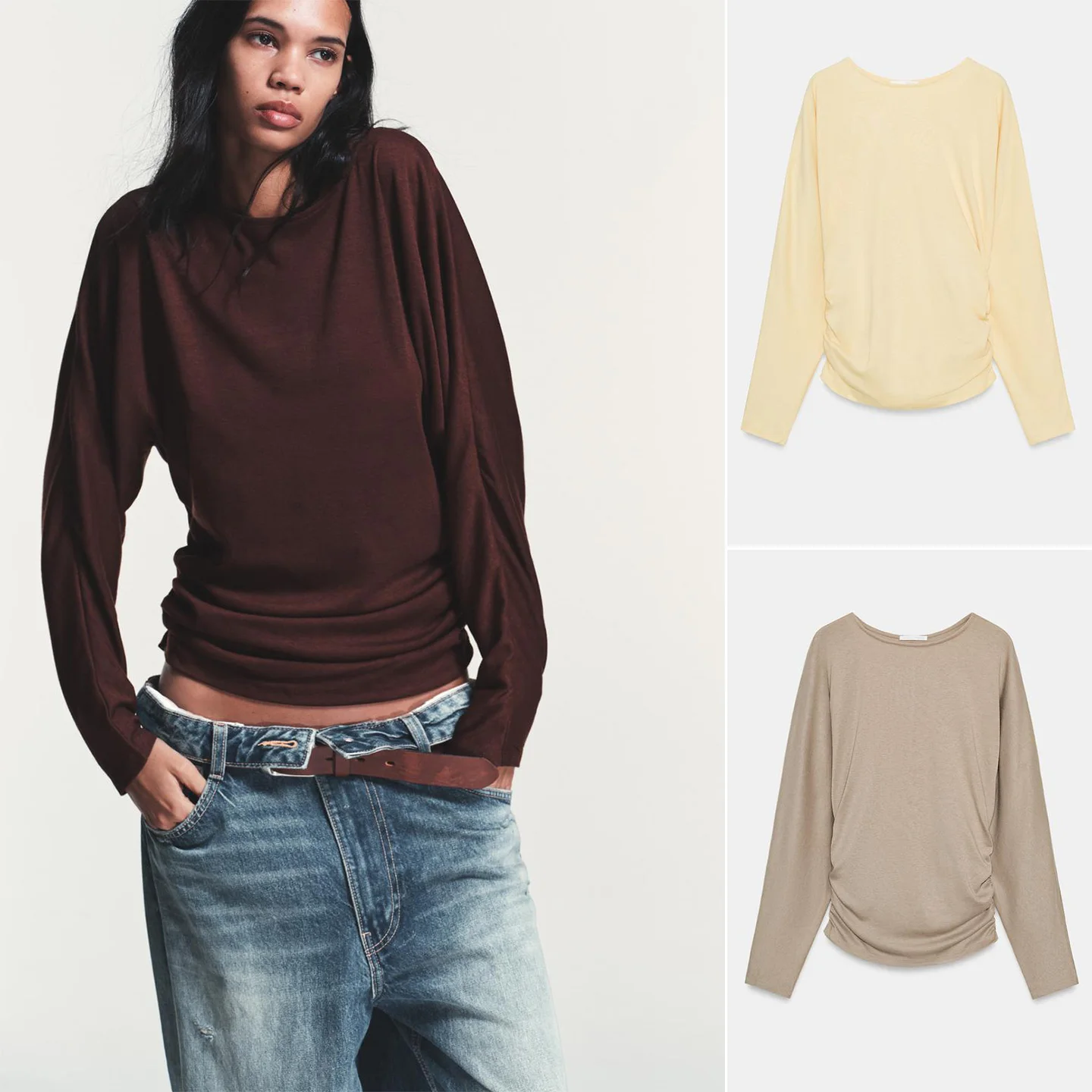 

Spring New Women's mat Straight Hem Long Sve round Ne Slim Side Pleated T-irt Polyester Fiber 00% Regular Length