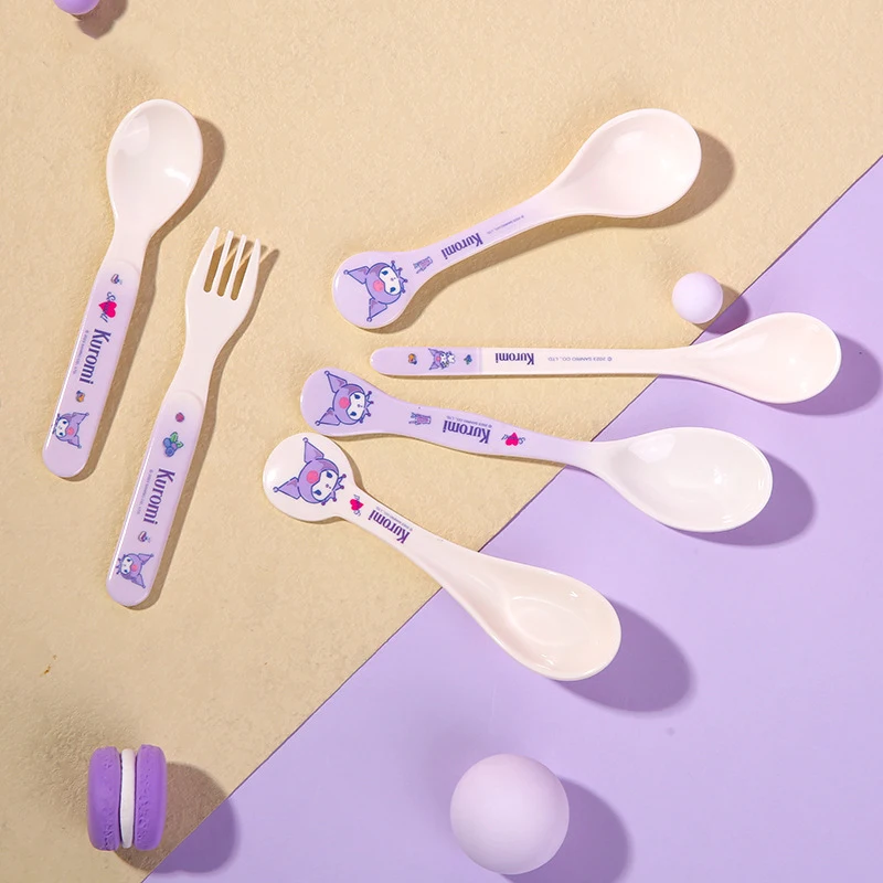 Kawaii Sanrio Kuromi Tableware Children's Spoon Rice Spoon Meal Spoon Fork Anti Drop Anti Scald Smooth Easy Clean Gift For Girs