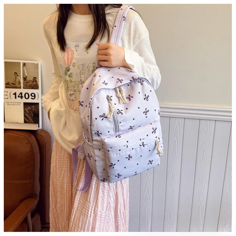 Back To School Season Playful Bow Print Backpack Quilted Multi-Pocket Adjustable Straps Large Capacity Backpack for Daily Use