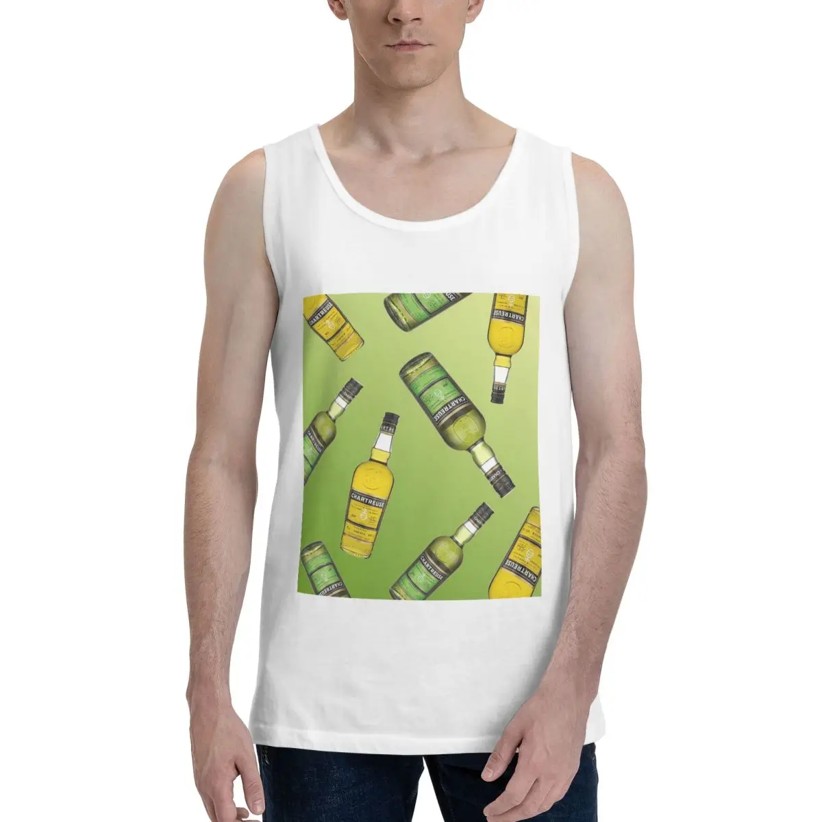 Camiseta sin mangas de algodón 100% para hombre con estampado de pintura al óleo de botella de Chartreuse Verde, chaleco, ropa sin mangas, camisetas, camisetas sin mangas para hombre
