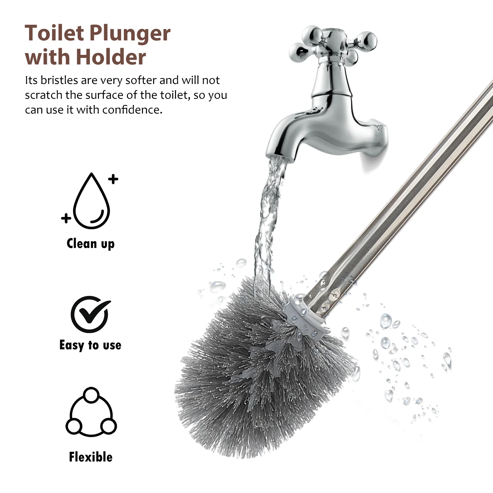 

Toilet Brush Plunger Set Holder Rubber Scrubber Bathroom Cleaning Tools Powerful Compact Lightweight Soft Bristles No Scratch