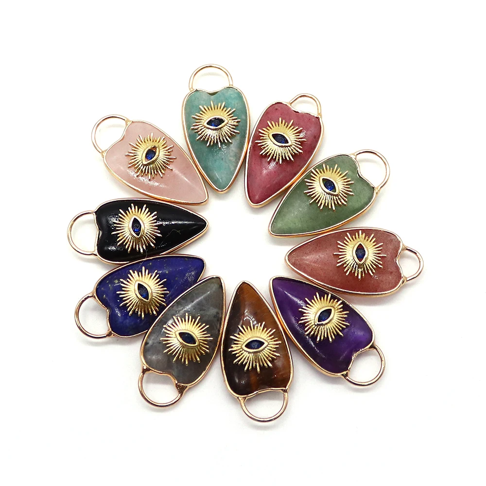 Heart-shaped Quartz Stone Pendant Natural Amethyst Labradorite Love Blue Devil Eye Evil Eye Gold Color Edge Charms for Necklace