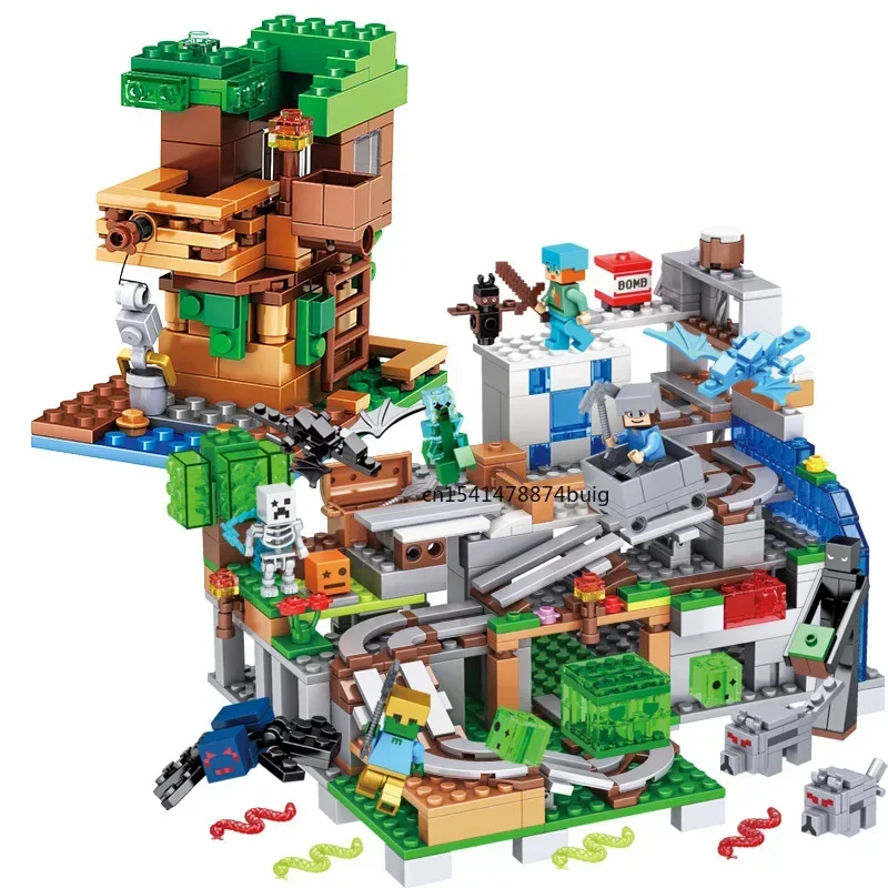 The Mountain Cave Elevator Village Tree House Bouwsteen met figuren Compatibel 21137 My World Bricks Set Geschenken Speelgoed