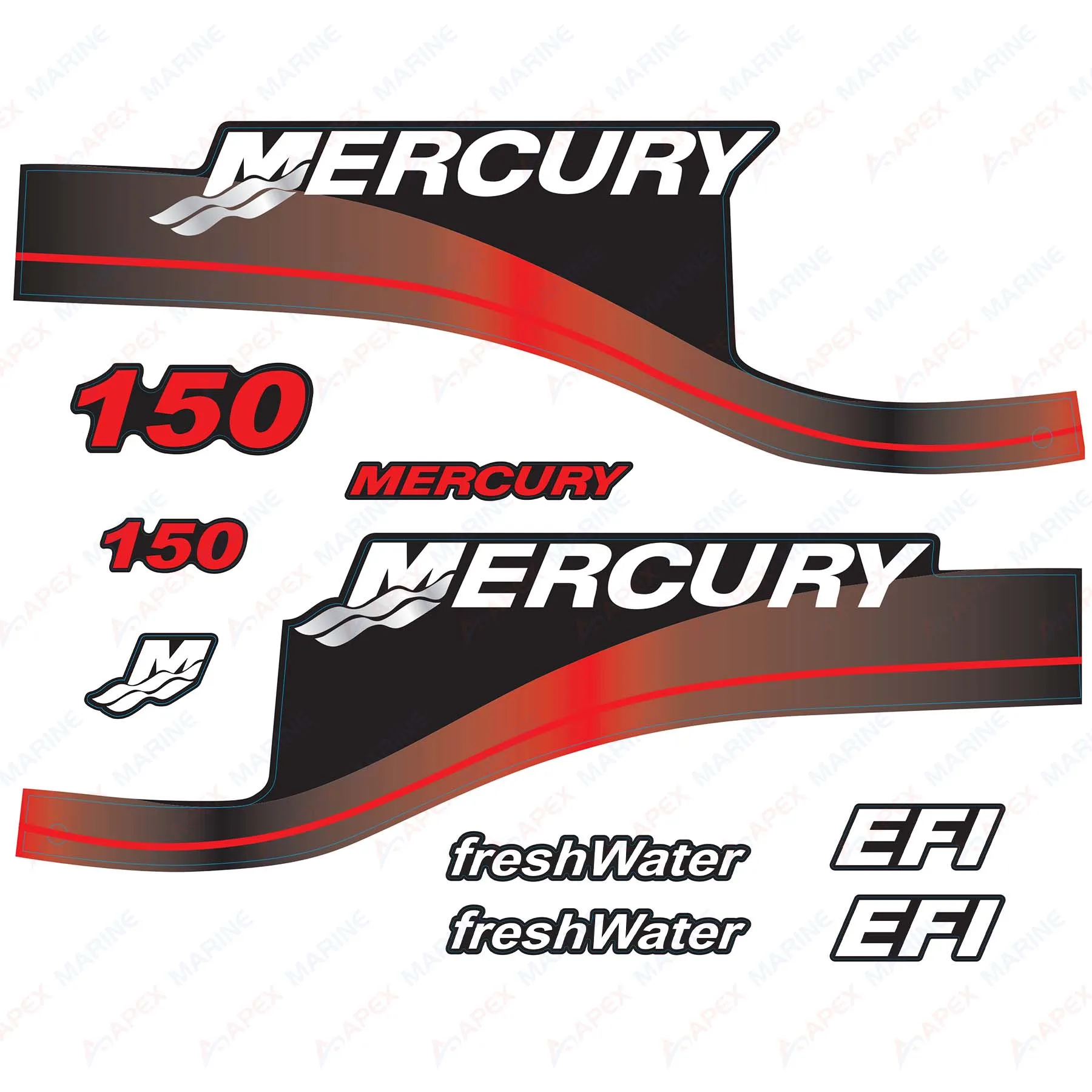 Decals for Mercury 150 HP EFI FreshWater Outboard Engine Red Decal Kit Sticker Set Reproduction 150hp Fresh Water EFI