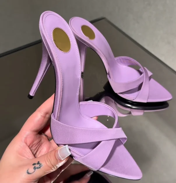 Sexy purple pointy toe satin sandals for women 2026 New stilettos yellow/black leather big size slippers party dress high heels view 4