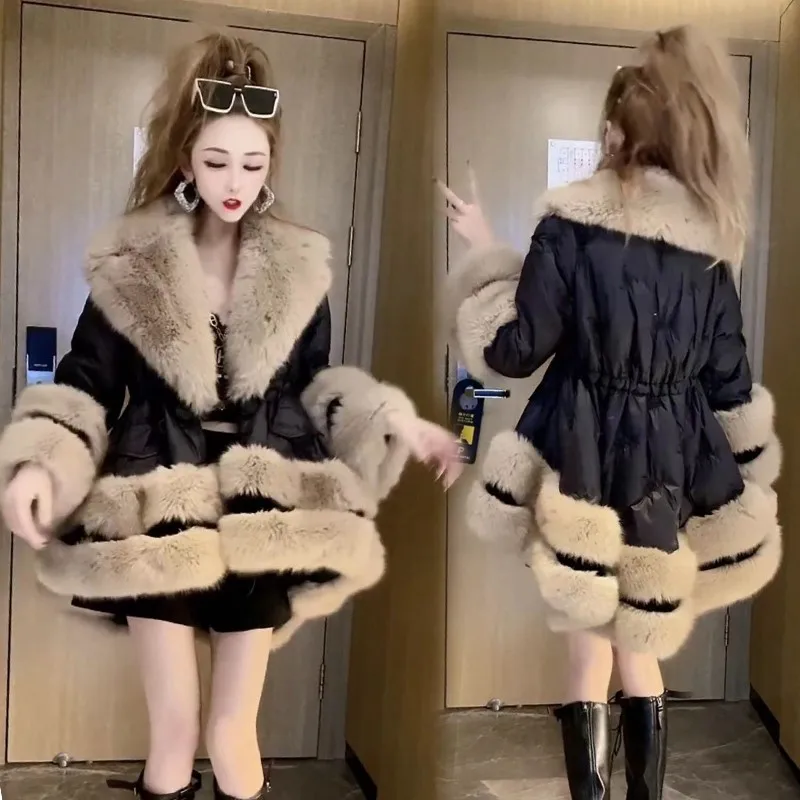 High Quality |New fashion big fur collar down femininity in the long slim-fit waist