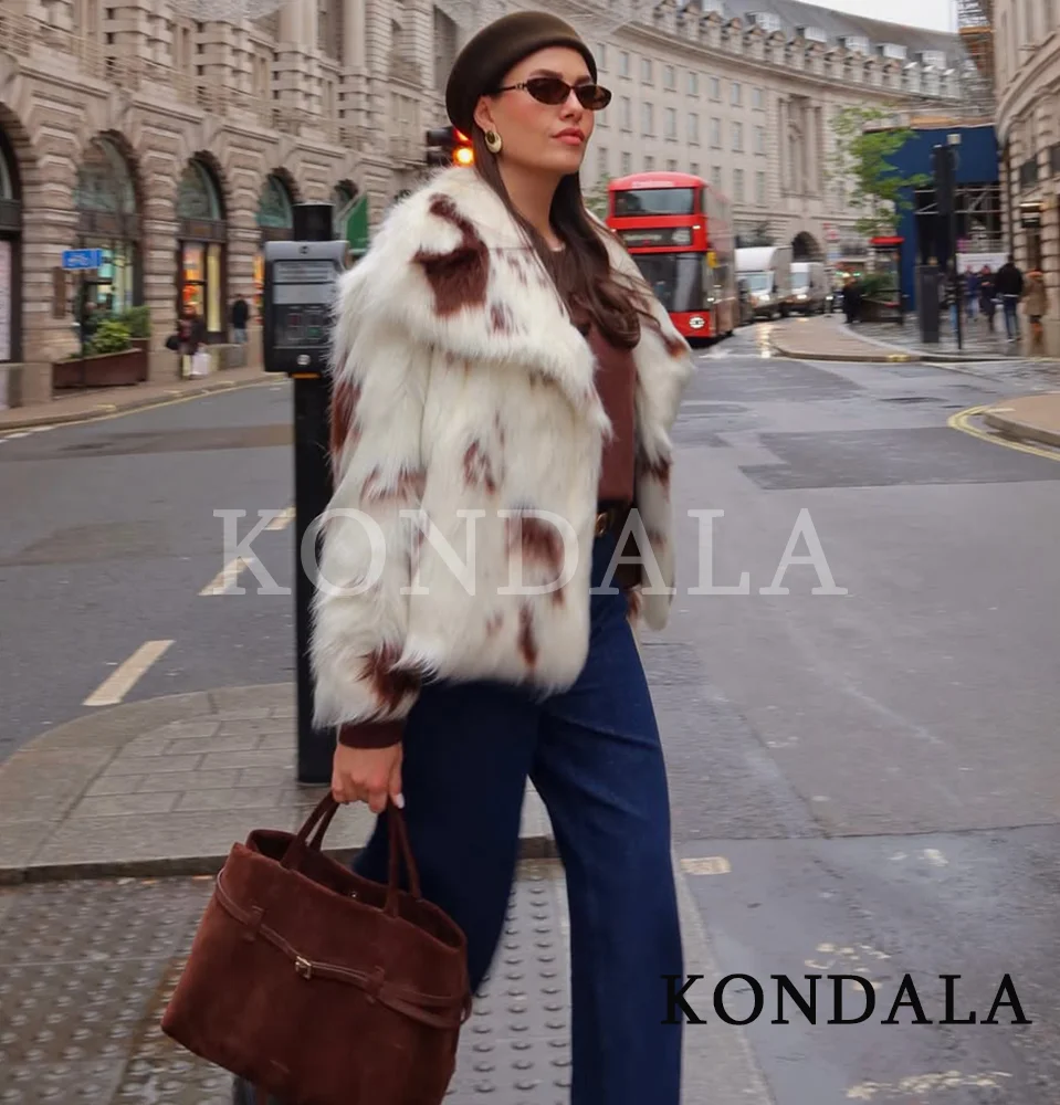 KONDALA femmes haute rue tacheté fourrure veste automne hiver revers fausse fourrure veste ample manteau 2026 à la mode élégant Chic femme manteau
