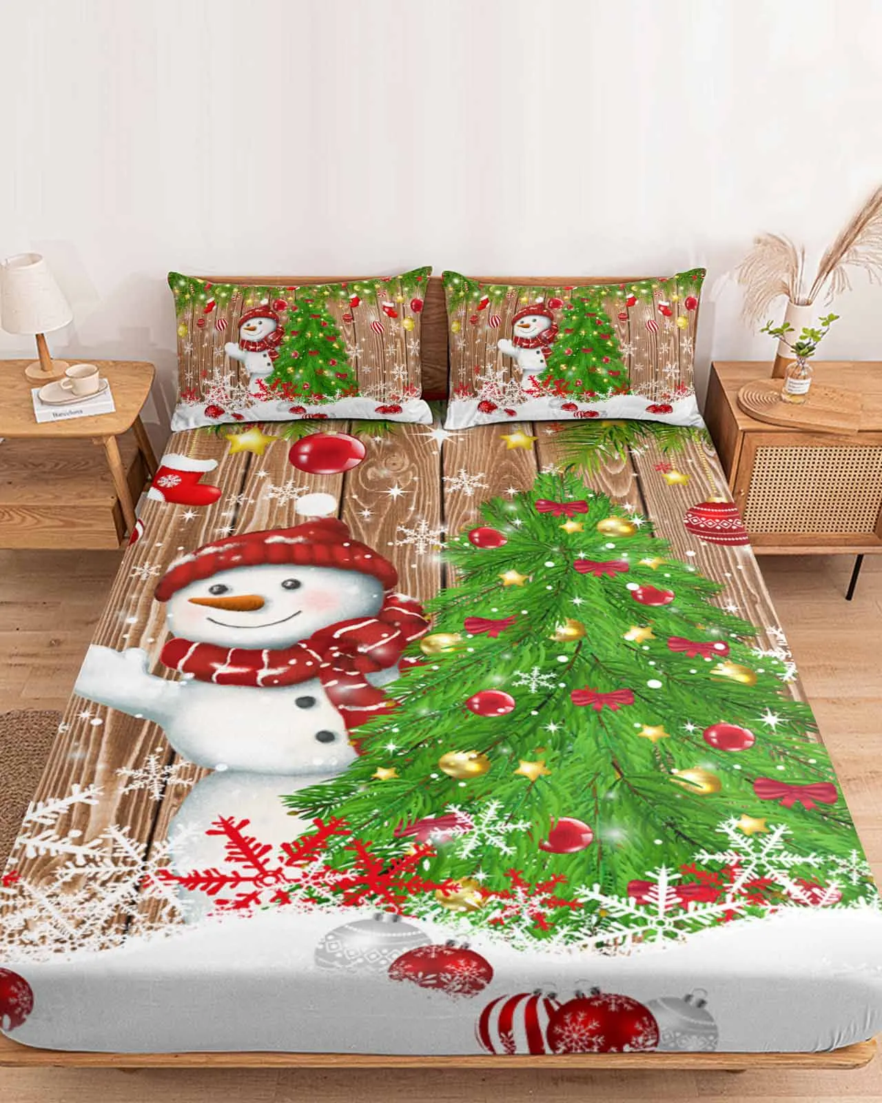 

Snowman Christmas Tree Christmas Ball Polyester Fitted Sheet Mattress Cover Four Corners Elastic Band Bed Sheet Pilllowcase