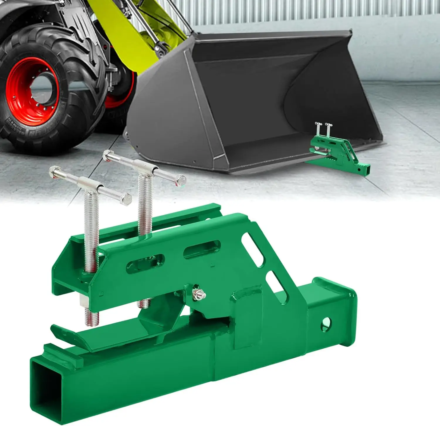 

Green Bucket Trailer Hitch, Upgraded Clamp-on 2' Receiver for Kubota, John Deere, Bobcat – Non-Slip Adapter