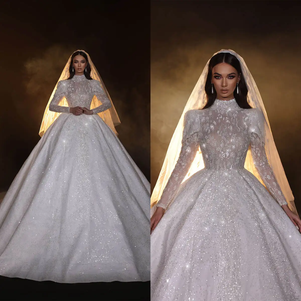 Luxury Wedding Dress Ball Gown High Neck Appliques Sequined Long Sleeve Floor-Length Princess Bride Vestido De Noiva Custom Made