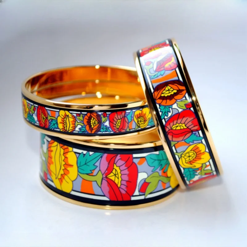 BOCAI  Fashion Cloisonne Bracelet Jewelry Set for Women Enamel Poppy Flower Pattern Earrings Pendant Ring Fine Choice Jewelry