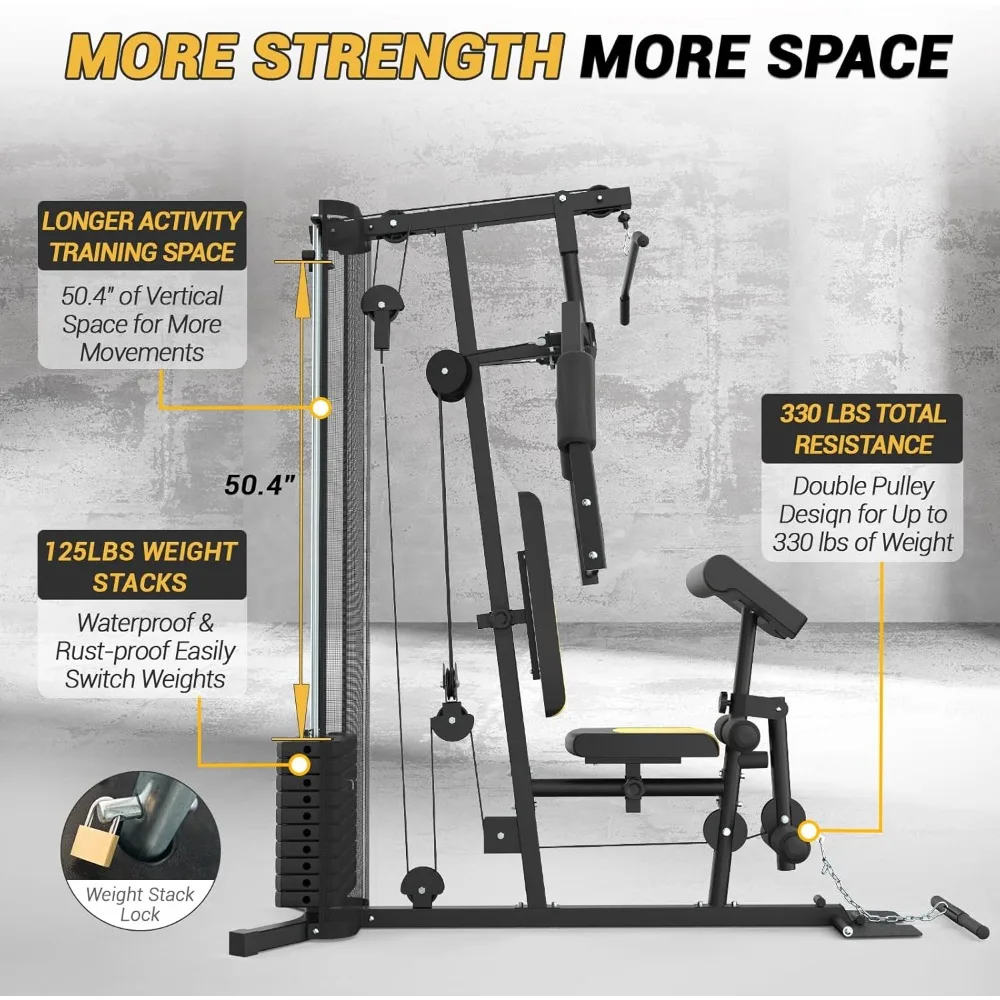 Multifunctional Home Gym Workout Equipment, 6 Workout Stations with 125LBS Weight Stack, Total Gym Exercise and Traini