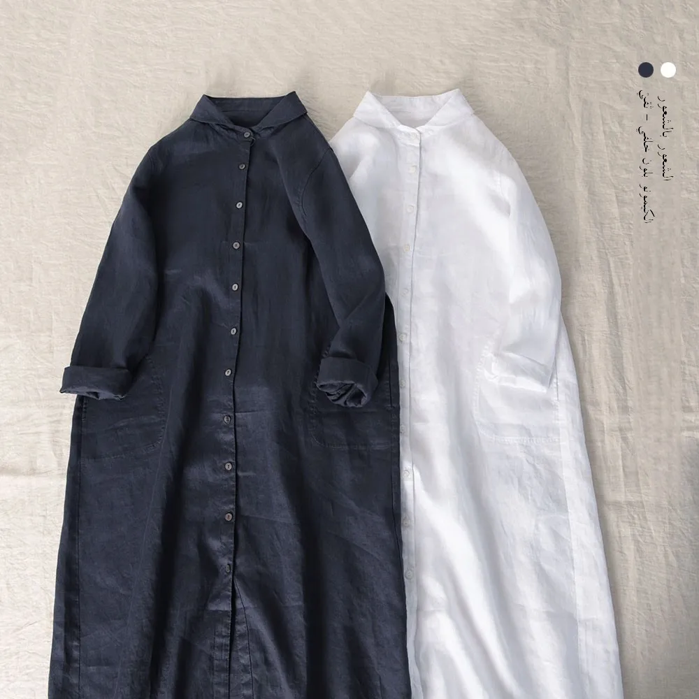 Casual Cotton Linen Shirt Dress Large Size Women's Fashion Spring Long Sleeve Button up Loose Fit Dress Commute Style Pure Color