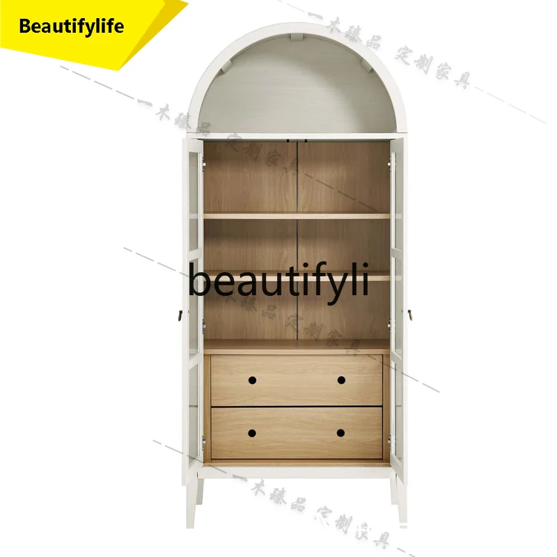 

6239 American-style Light Luxury Solid Wood Bookcase Living Room with Glass Door Wine Cabinet Vintage Arched Decorative Cabinet