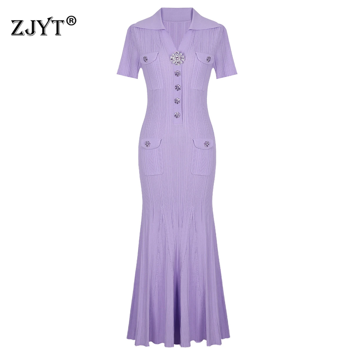 

ZJYT Summer Fashion Long Mermaid Knitting Sweater Dresses for Women Elegant Turn Down Collar Purple Party Dress Vestidos Female
