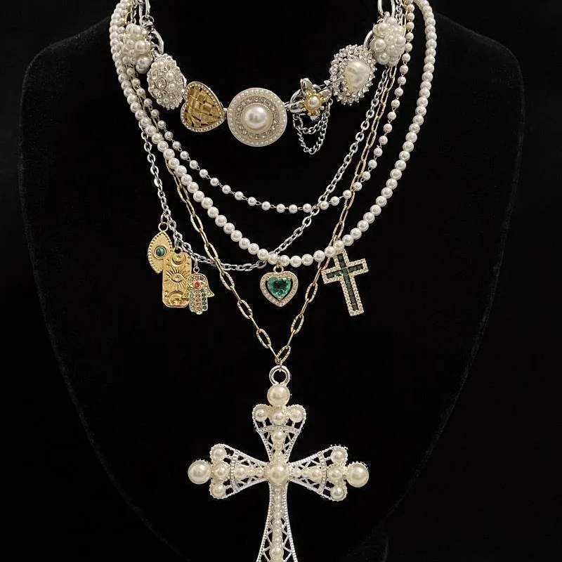 Pearl Chains Cross Love Pendant Vintage 4-piece Multi-layer Necklace