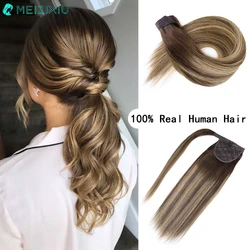 Ponytail In Hair Extensions 100% Real Hair Highlight Black PonyTail In Human Hair Extensions For Women Magic Wrap Around 22 Inch