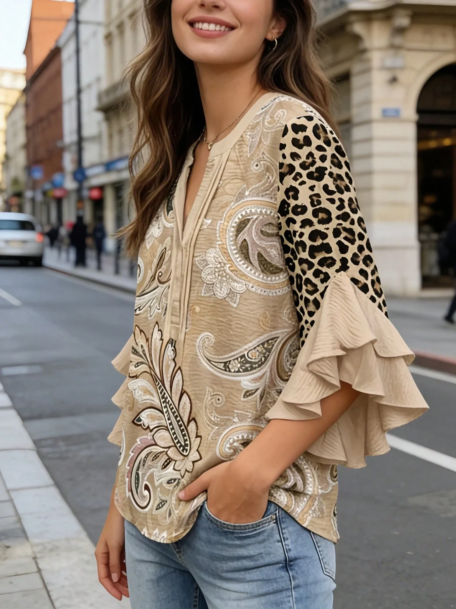 

Women's Floral Paisley Leopard Print Blouse With Ruffle Sleeve V Neck Three-Quarter Sleeve