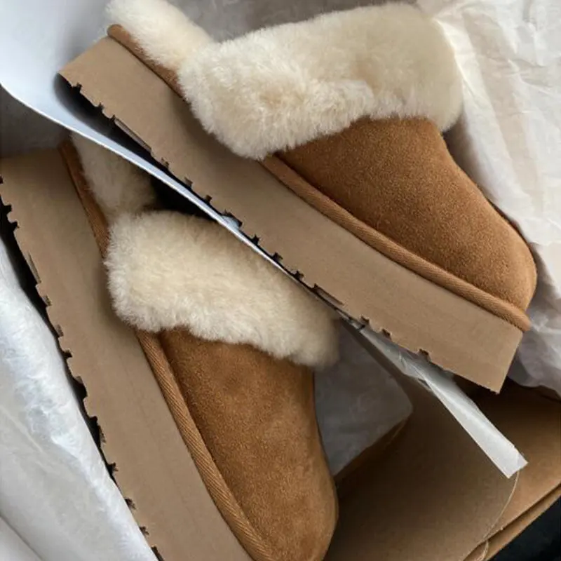 

Winter Women Fur Slippers Warm Boots Platform Flip Flops 2023 New Short Plush Flats Home Cotton Shoes Suede Mules Ladies Boots