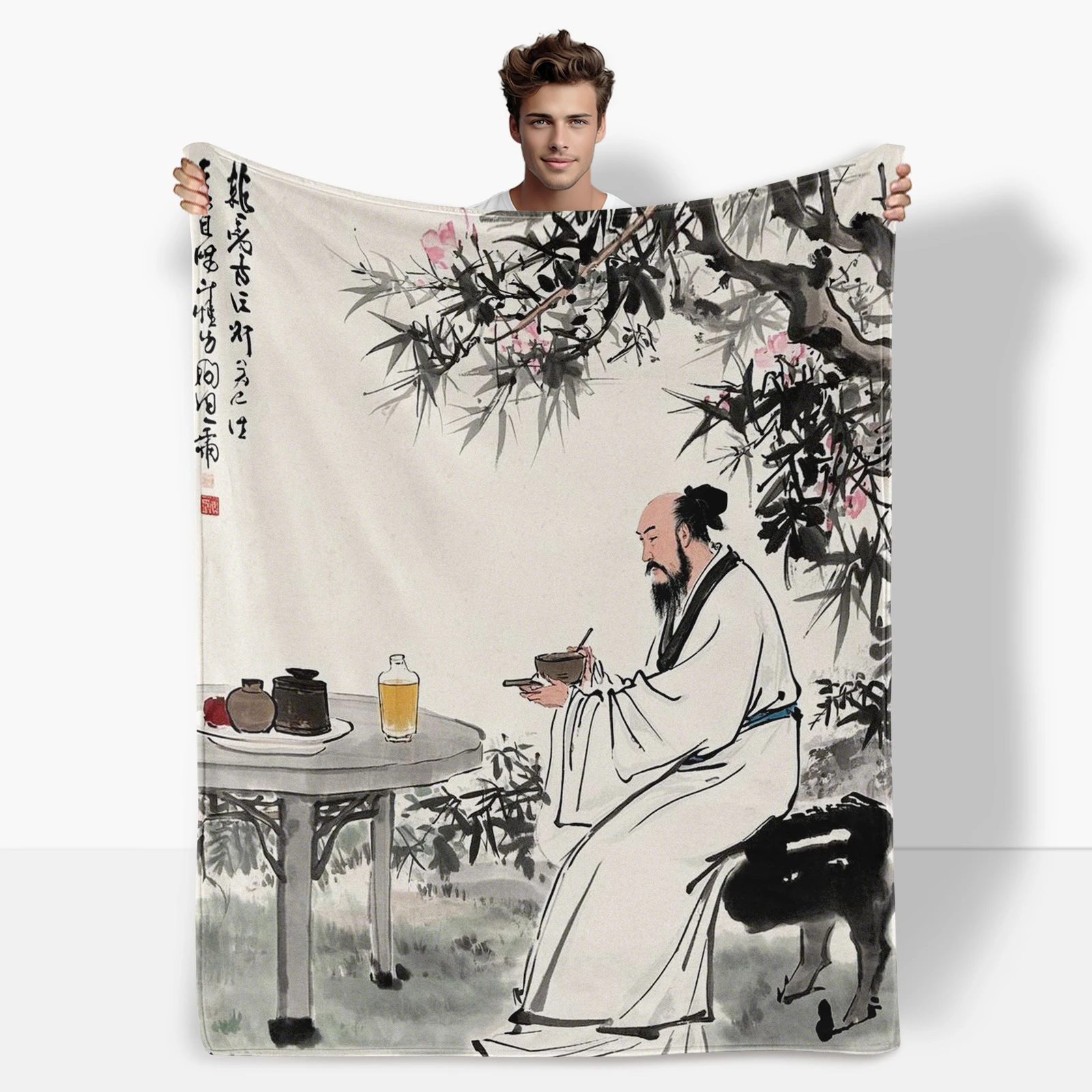 Unique Ink Art Of Ancient Scholars Reading And Poetry Blanket Brings Serenity And Cultural Richness