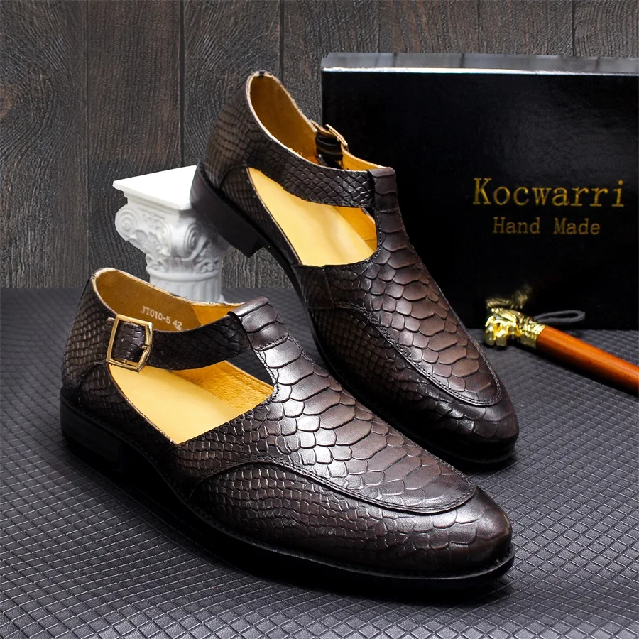 Leather Men's Sandals Snake Pattern Hollow Dress Shoes Casual Style Metal Button Sandals Office Men's Shoes Leather Shoes