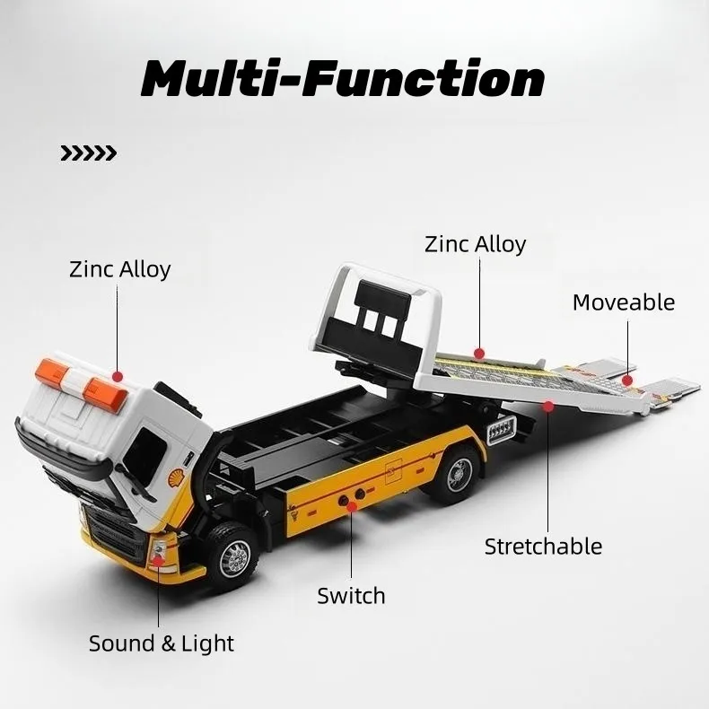 Volvo carro reboque reboque plataforma caminhão brinquedo, modelo de veículo diecast, puxar para trás, som e luz, coleção educacional, presente para