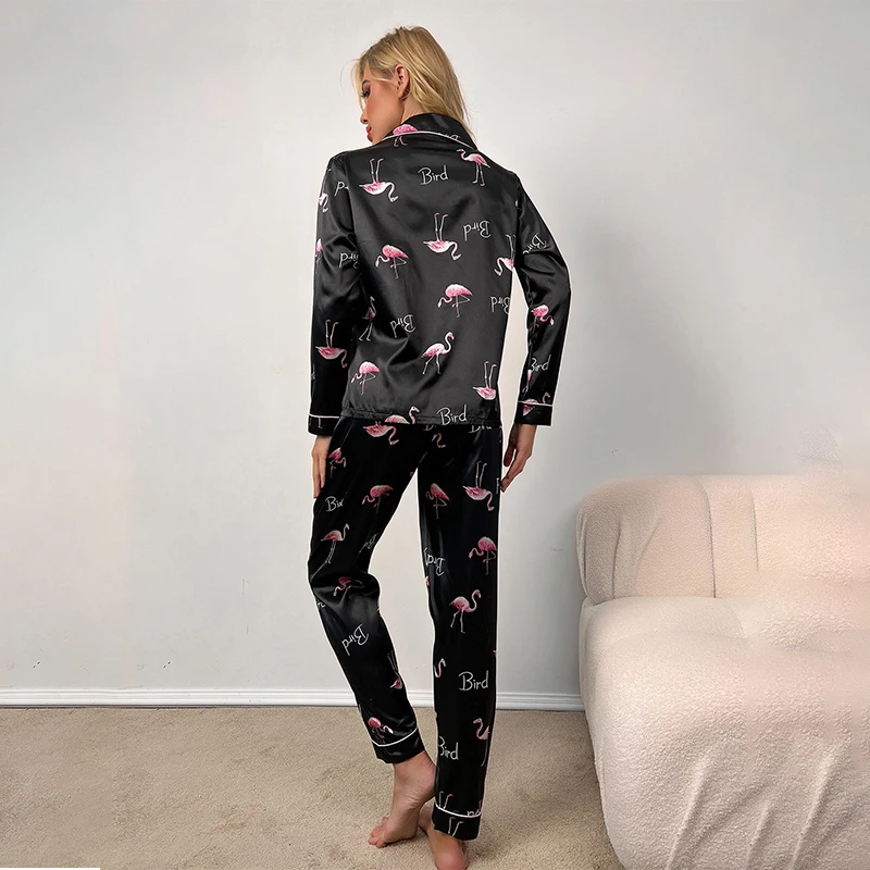 Women's pajama sets with lapel buttons long sleeved shirt and soft long pants flamingo print casual and comfortable home pajamas