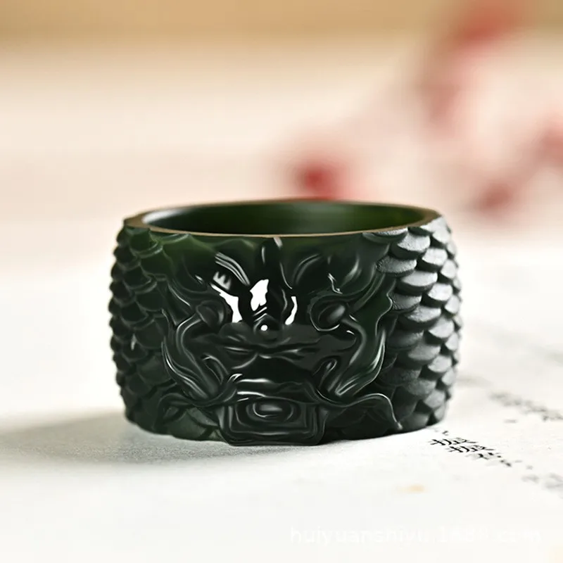 Natural Xinjiang Hetian Cyan Jade Dragon Head Ring Men's Domineering Personality Fashionable Accessories Holiday Party Gift
