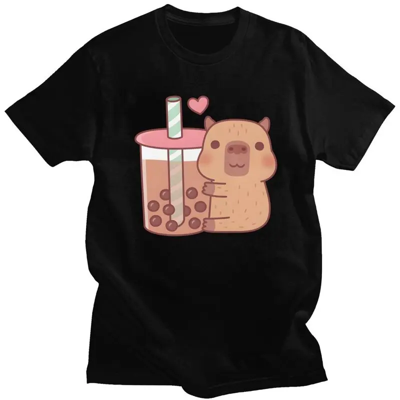 

Custom Cute Little Capybara Hugs Bubble Tea Tshirt for Men Short Sleeves Leisure T-shirts Slim Fit Pure Cotton Tees Gift