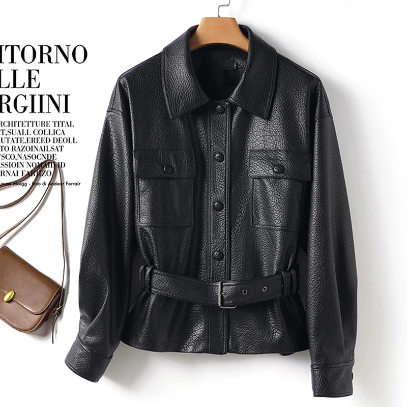 Moda Donna Giacche corte in pelle di pecora Chic monopetto Cintura con lacci Donna Manica lunga Slim-fit Giacche in pelle crosta Top